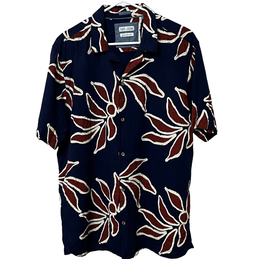 Tenth + Ocean Men's XL Short Sleeve Button Up Shirt‎ Navy Floral Linen Blend